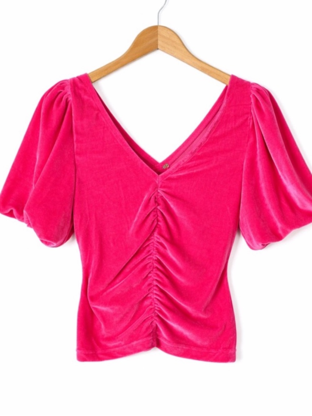 Free People Cupcake Velvet Ruched Puff Sleeve Top Hot Pink XS Boho Glam NWT